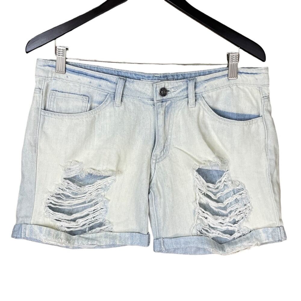 Kancan Jean Shorts Destroyed Rolled Hem Light Blue Denim Size Large